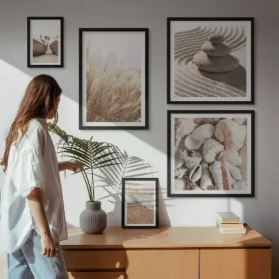 Conjunto de 5 quadros decorativos com tema de conchas e areia da praia