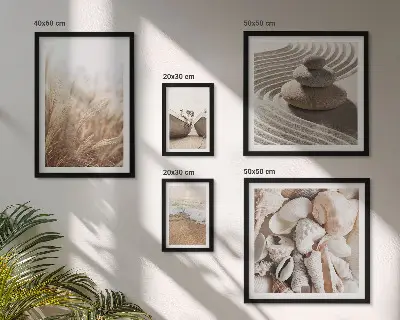 Conjunto de 5 quadros decorativos com tema de conchas e areia da praia