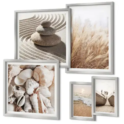 Conjunto de 5 quadros decorativos com tema de conchas e areia da praia