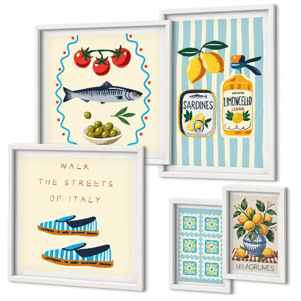 Conjunto de 5 quadros decorativos com tema de frutas cítricas da culinária italiana