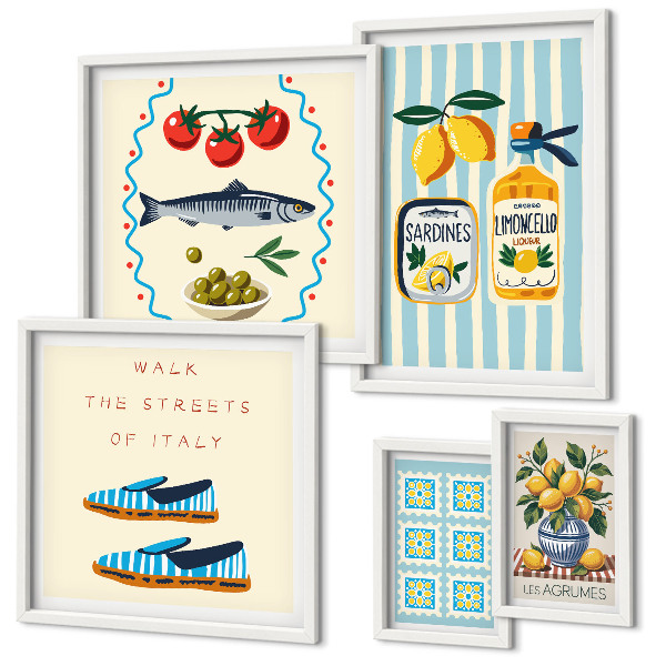Conjunto de 5 quadros decorativos frutas cítricas da culinária italiana