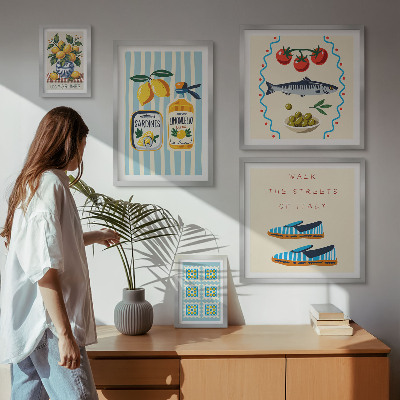 Conjunto de 5 quadros decorativos frutas cítricas da culinária italiana