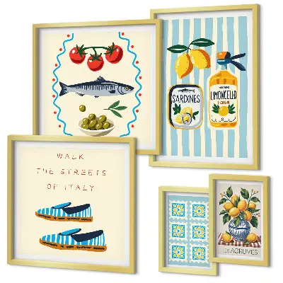Conjunto de 5 quadros decorativos com tema de frutas cítricas da culinária italiana