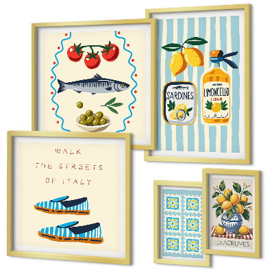 Conjunto de 5 quadros decorativos frutas cítricas da culinária italiana