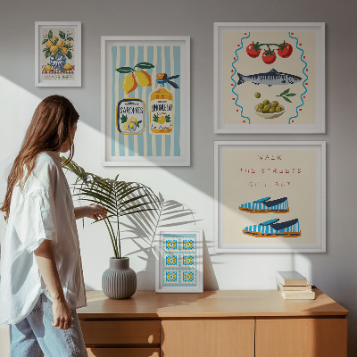 Conjunto de 5 quadros decorativos frutas cítricas da culinária italiana