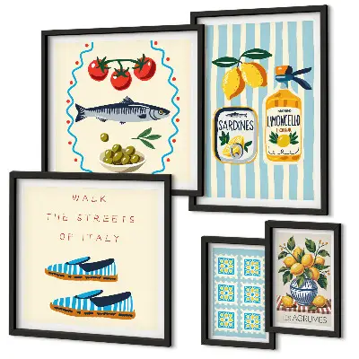 Conjunto de 5 quadros decorativos com tema de frutas cítricas da culinária italiana