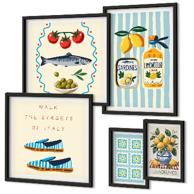 Conjunto de 5 quadros decorativos frutas cítricas da culinária italiana