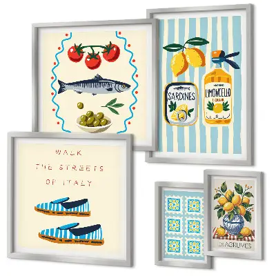 Conjunto de 5 quadros decorativos com tema de frutas cítricas da culinária italiana