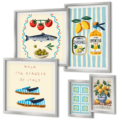Conjunto de 5 quadros decorativos frutas cítricas da culinária italiana