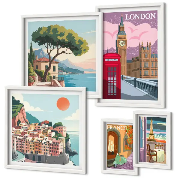 Conjunto de 5 quadros com moldura temática cidades europeias da cultura