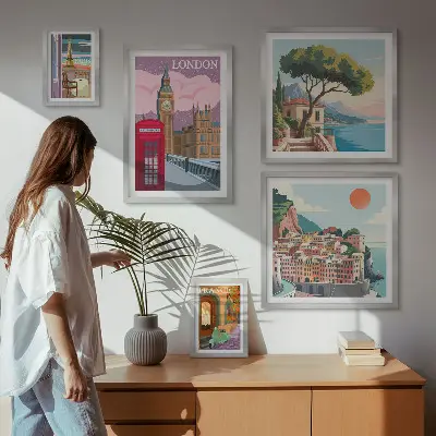 Conjunto de 5 quadros com moldura temática cidades europeias da cultura