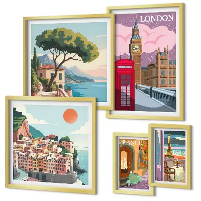 Conjunto de 5 quadros com moldura temática cidades europeias da cultura