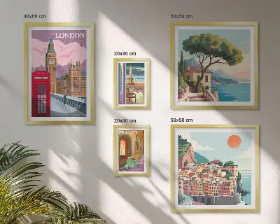 Conjunto de 5 quadros com moldura temática cidades europeias da cultura