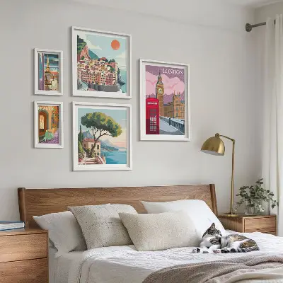 Conjunto de 5 quadros com moldura temática cidades europeias da cultura