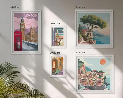 Conjunto de 5 quadros com moldura temática cidades europeias da cultura