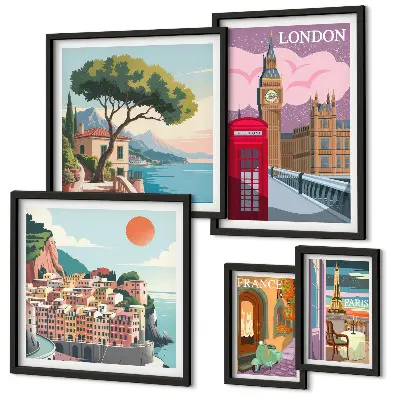 Conjunto de 5 quadros com moldura temática cidades europeias da cultura