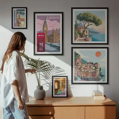 Conjunto de 5 quadros com moldura temática cidades europeias da cultura