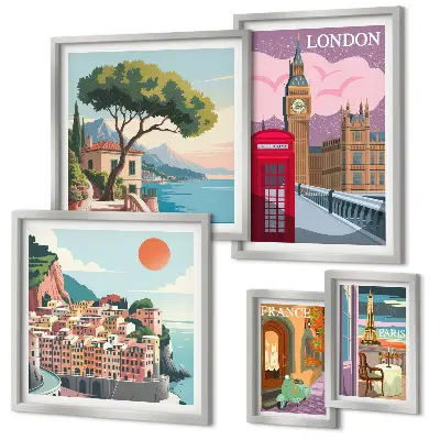 Conjunto de 5 quadros com moldura temática cidades europeias da cultura