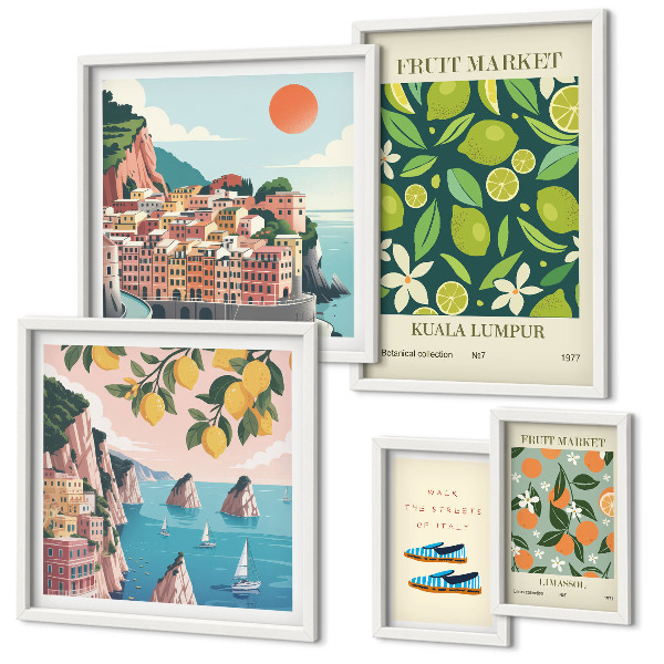 Conjunto de 5 quadros decorativos Férias com Frutas Tropicais