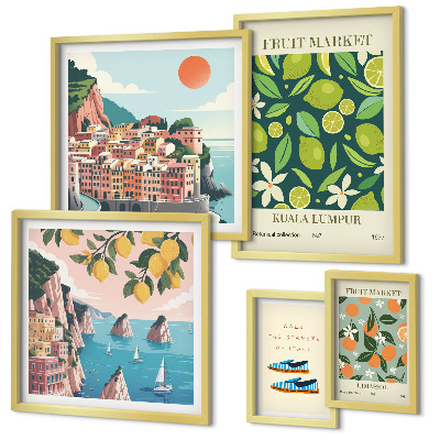 Conjunto de 5 quadros decorativos Férias com Frutas Tropicais