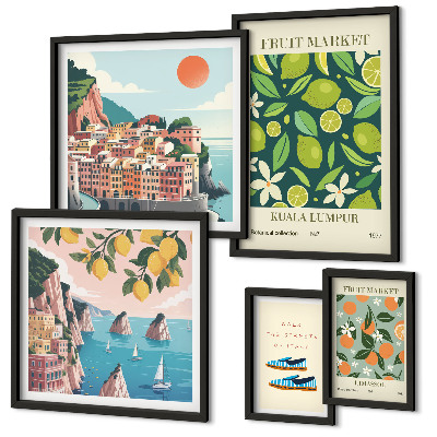 Conjunto de 5 quadros decorativos Férias com Frutas Tropicais