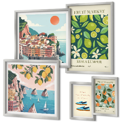 Conjunto de 5 quadros decorativos Férias com Frutas Tropicais