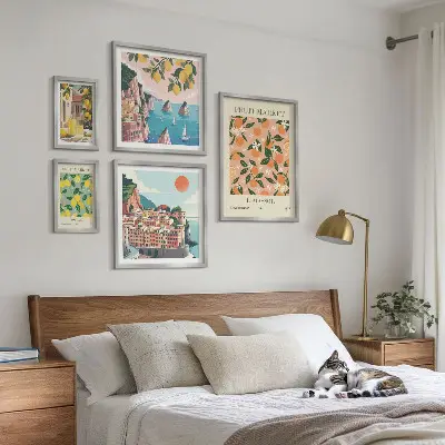 Conjunto de 5 quadros com moldura estampa de mercados de frutas à beira-mar
