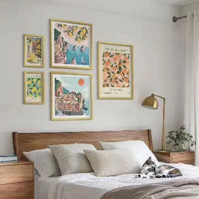 Conjunto de 5 quadros com moldura estampa de mercados de frutas à beira-mar