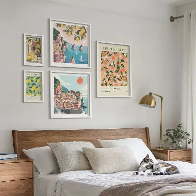 Conjunto de 5 quadros com moldura estampa de mercados de frutas à beira-mar