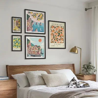 Conjunto de 5 quadros com moldura estampa de mercados de frutas à beira-mar