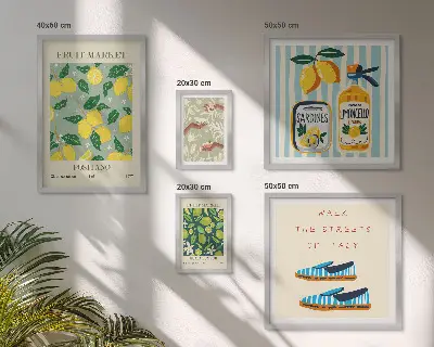 Conjunto de 5 quadros decorativos com inspirações vintage frutadas