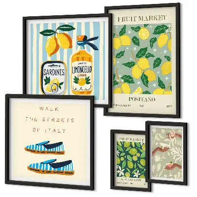 Conjunto de 5 quadros decorativos com inspirações vintage frutadas