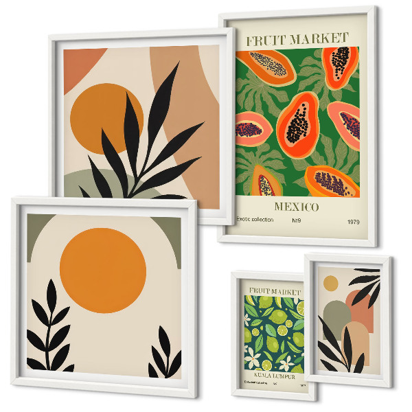 Parede galeria de quadros motivos retrô de frutas tropicais