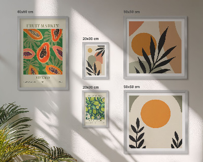 Parede galeria de quadros motivos retrô de frutas tropicais