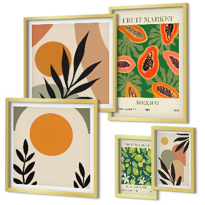 Parede galeria de quadros motivos retrô de frutas tropicais