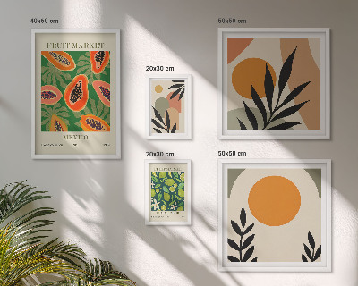Parede galeria de quadros motivos retrô de frutas tropicais