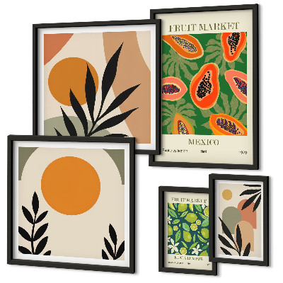 Parede galeria de quadros motivos retrô de frutas tropicais