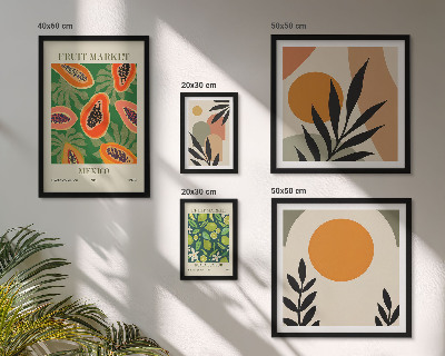 Parede galeria de quadros motivos retrô de frutas tropicais