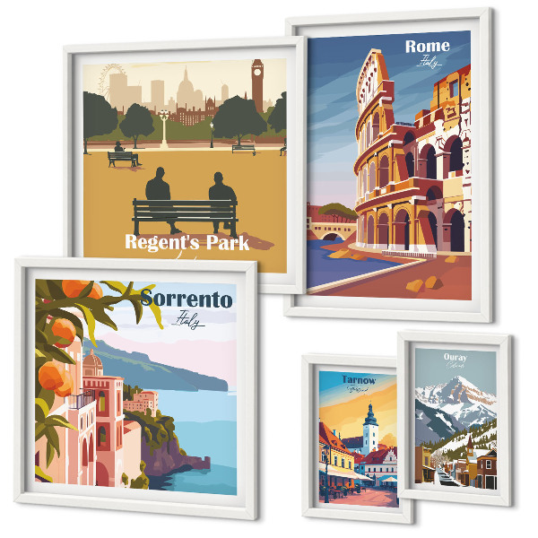 Conjunto de 5 quadros com moldura Paisagens de cidades europeias