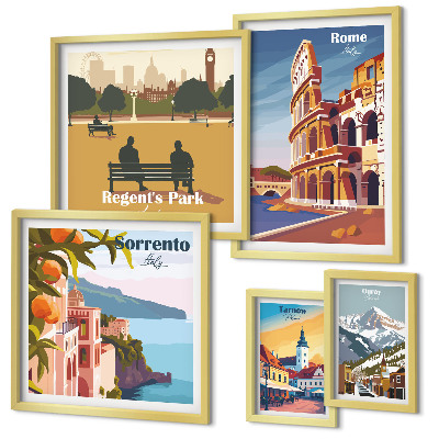 Conjunto de 5 quadros com moldura Paisagens de cidades europeias