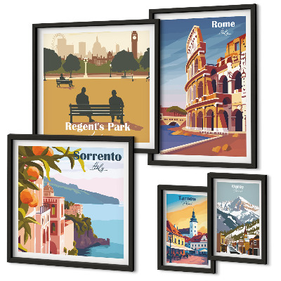 Conjunto de 5 quadros com moldura Paisagens de cidades europeias