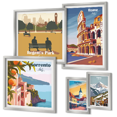 Conjunto de 5 quadros com moldura Paisagens de cidades europeias