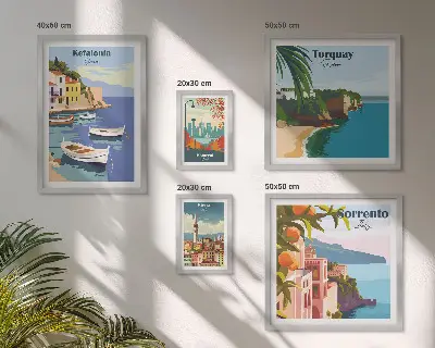 Conjunto de 5 quadros decorativos com paisagens costeiras da Europa