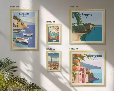 Conjunto de 5 quadros decorativos com paisagens costeiras da Europa