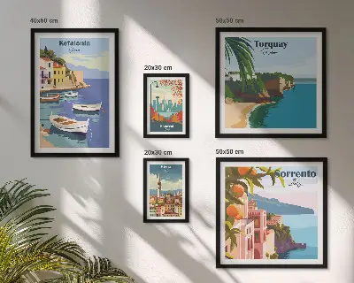 Conjunto de 5 quadros decorativos com paisagens costeiras da Europa