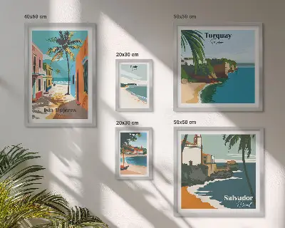 Galeria de parede com praias litorâneas coloridas