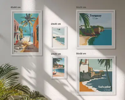 Galeria de parede com praias litorâneas coloridas