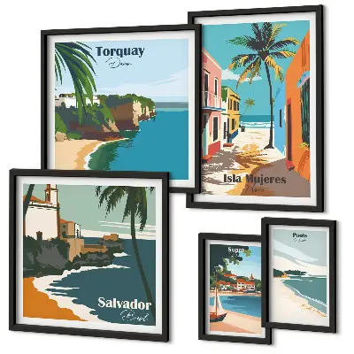 Galeria de parede com praias litorâneas coloridas