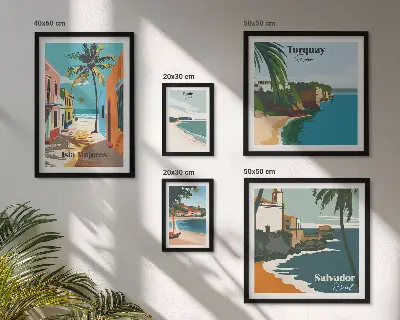 Galeria de parede com praias litorâneas coloridas