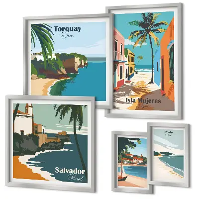 Galeria de parede com praias litorâneas coloridas